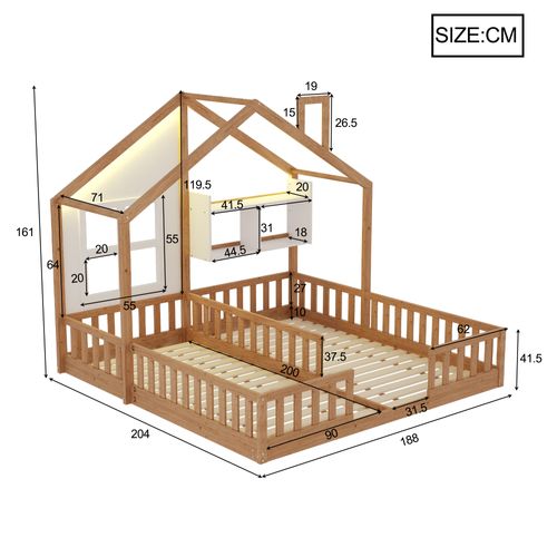 Lit Cabane Enfant 2 Couchages 90x200 Cm Avec Barrières De Sécurité, Étagères Et Éclairage LED, Bois