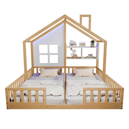 Lit Cabane Enfant 2 Couchages 90x200 Cm Avec Barrières De Sécurité, Étagères Et Éclairage LED, Bois