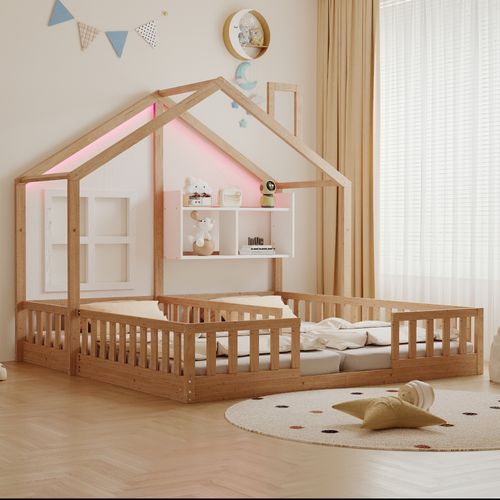 Lit Cabane Enfant 2 Couchages 90x200 Cm Avec Barrières De Sécurité, Étagères Et Éclairage LED, Bois