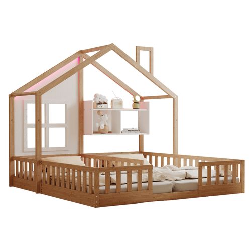 Lit Cabane Enfant 2 Couchages 90x200 Cm Avec Barrières De Sécurité, Étagères Et Éclairage LED, Bois