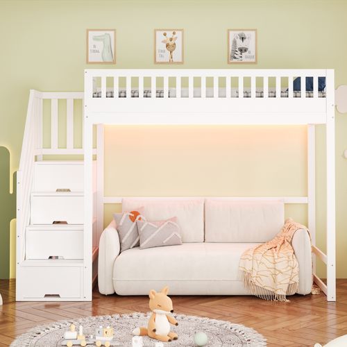 Lit Mezzanine 90x200 Cm Avec échelle Sécurité LED Et étagères De Rangement, Blanc