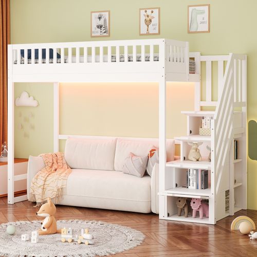 Lit Mezzanine 90x200 Cm Avec échelle Sécurité LED Et étagères De Rangement, Blanc
