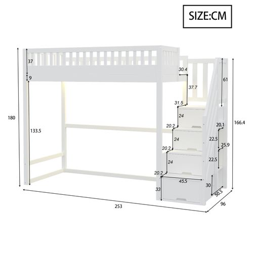 Lit Mezzanine 90x200 Cm Avec échelle Sécurité LED Et étagères De Rangement, Blanc