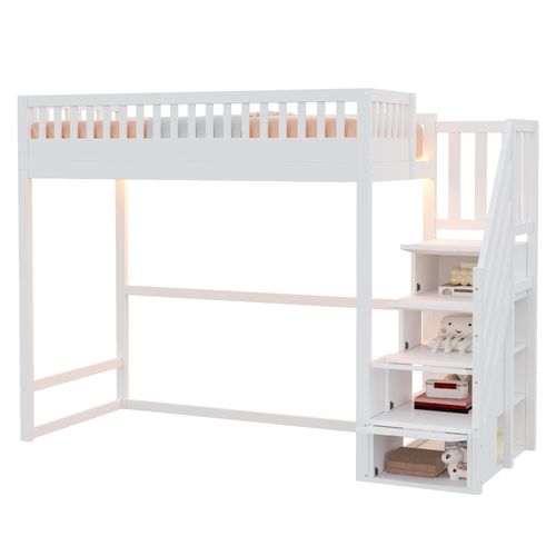 Lit Mezzanine 90x200 Cm Avec échelle Sécurité LED Et étagères De Rangement, Blanc