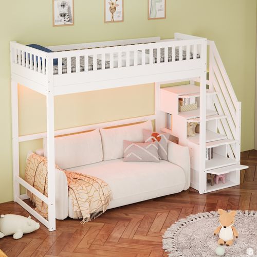 Lit Mezzanine 90x200 Cm Avec échelle Sécurité LED Et étagères De Rangement, Blanc