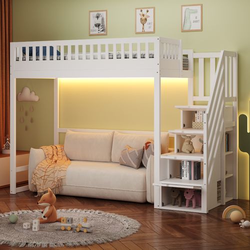 Lit Mezzanine 90x200 Cm Avec échelle Sécurité LED Et étagères De Rangement, Blanc
