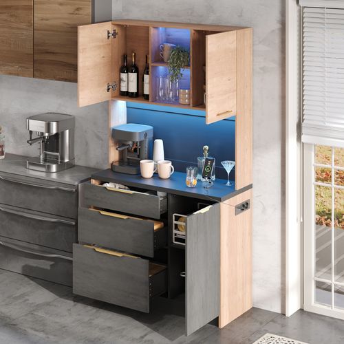 Buffet De Cuisine Avec LED, 3 Portes Et 3 Tiroirs, Bois