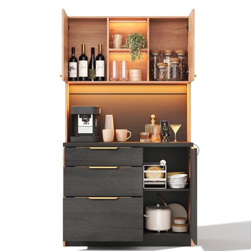 Buffet De Cuisine Avec LED, 3 Portes Et 3 Tiroirs, Bois