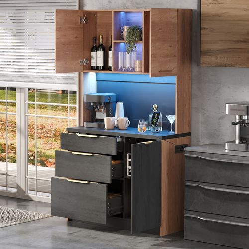 Buffet De Cuisine Avec LED, 3 Portes Et 3 Tiroirs, Bois