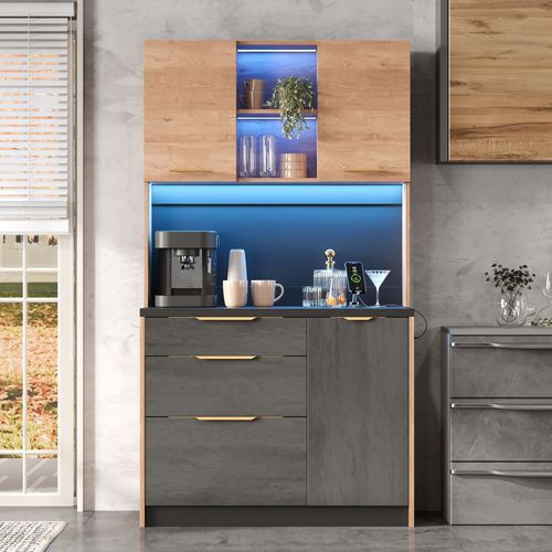 Buffet De Cuisine Avec LED, 3 Portes Et 3 Tiroirs, Bois