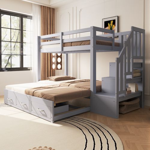 Lit Superposé 90x200 Cm Avec Lit Extensible 90/180x190 Cm, échelle De Rangement Avec Tiroirs, Gris