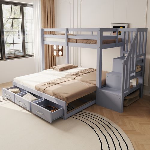 Lit Superposé 90x200 Cm Avec Lit Extensible 90/180x190 Cm, échelle De Rangement Avec Tiroirs, Gris