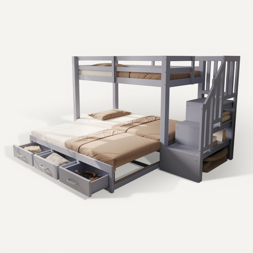 Lit Superposé 90x200 Cm Avec Lit Extensible 90/180x190 Cm, échelle De Rangement Avec Tiroirs, Gris