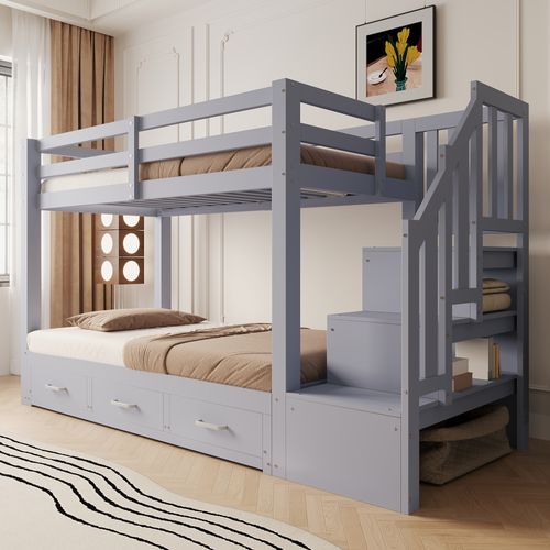 Lit Superposé 90x200 Cm Avec Lit Extensible 90/180x190 Cm, échelle De Rangement Avec Tiroirs, Gris