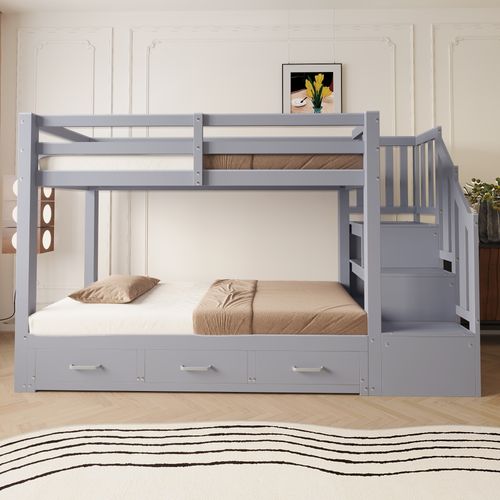 Lit Superposé 90x200 Cm Avec Lit Extensible 90/180x190 Cm, échelle De Rangement Avec Tiroirs, Gris