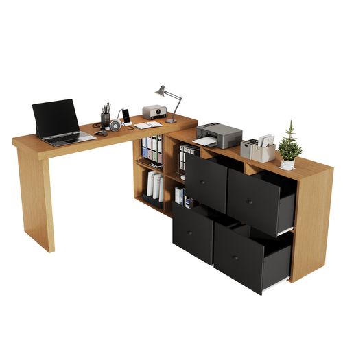 Bureau Angle Est Doté D'un Plateau Pivotant à 360°, 4 Tiroirs Et 4 Niches Bois + Noir