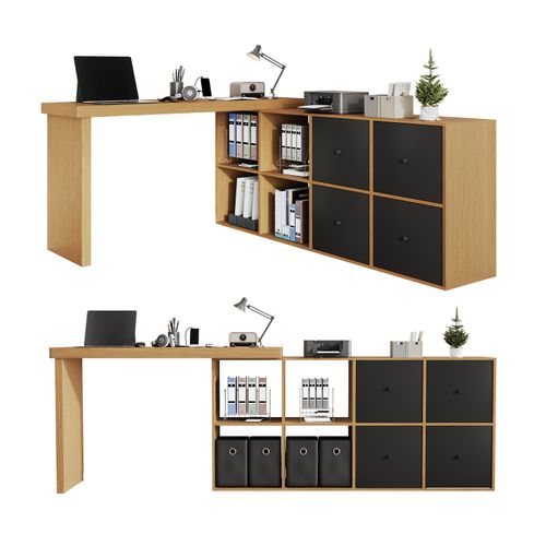 Bureau Angle Est Doté D'un Plateau Pivotant à 360°, 4 Tiroirs Et 4 Niches Bois + Noir