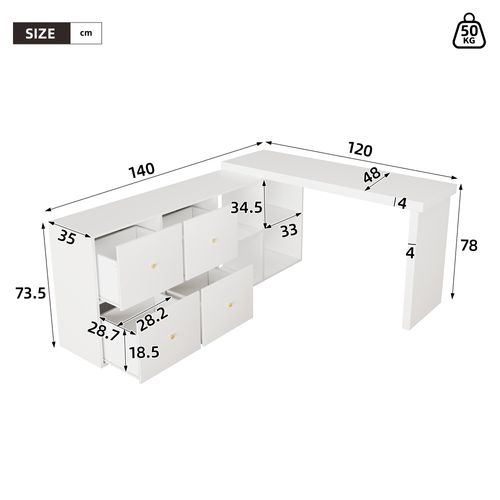 Bureau Angle Est Doté D'un Plateau Pivotant À 360°, 4 Tiroirs Et 4 Niches Blanc