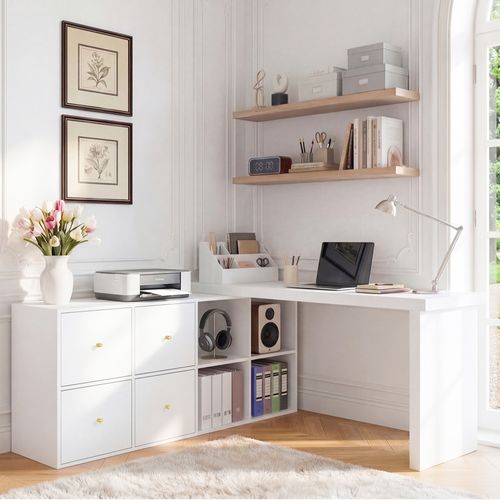 Bureau Angle Est Doté D'un Plateau Pivotant À 360°, 4 Tiroirs Et 4 Niches Blanc