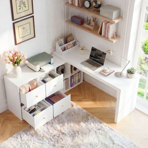 Bureau Angle Est Doté D'un Plateau Pivotant À 360°, 4 Tiroirs Et 4 Niches Blanc