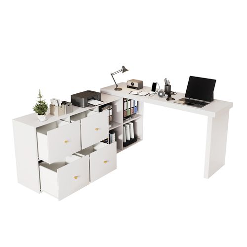 Bureau Angle Est Doté D'un Plateau Pivotant À 360°, 4 Tiroirs Et 4 Niches Blanc