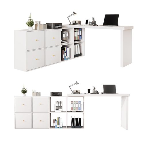 Bureau Angle Est Doté D'un Plateau Pivotant À 360°, 4 Tiroirs Et 4 Niches Blanc