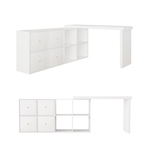 Bureau Angle Est Doté D'un Plateau Pivotant À 360°, 4 Tiroirs Et 4 Niches Blanc