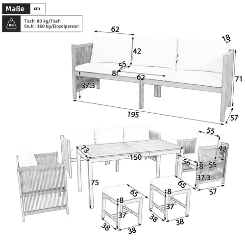 Salon De Jardin 7 Places Avec 1 Canapé, 2 Fauteuils, 2 Tabourets Et 1 Table Beige + Bois