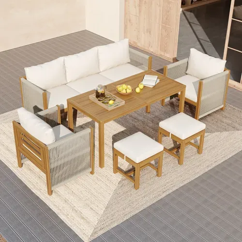 Salon De Jardin 7 Places Avec 1 Canapé, 2 Fauteuils, 2 Tabourets Et 1 Table Beige + Bois