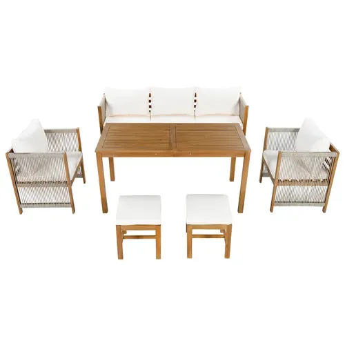 Salon De Jardin 7 Places Avec 1 Canapé, 2 Fauteuils, 2 Tabourets Et 1 Table Beige + Bois