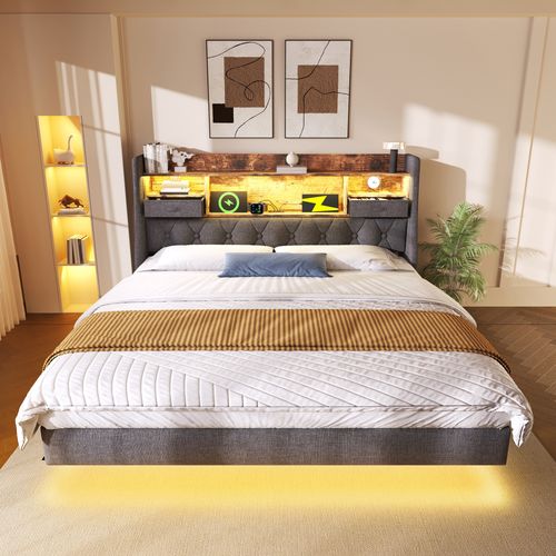 Lit 140x190 Cm Avec LED, USB Et Tête De Lit Avec Rangement, Gris