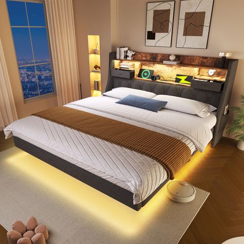 Lit 140x190 Cm Avec LED, USB Et Tête De Lit Avec Rangement, Gris