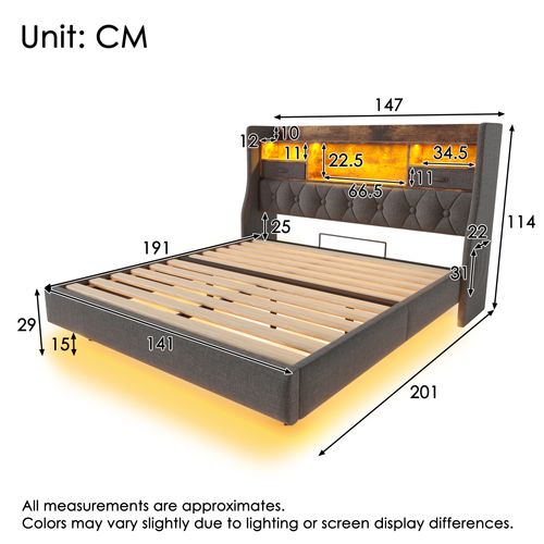 Lit 140x190 Cm Avec LED, USB Et Tête De Lit Avec Rangement, Gris