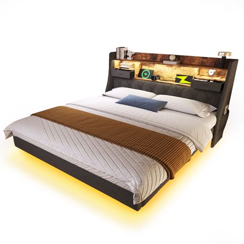Lit 140x190 Cm Avec LED, USB Et Tête De Lit Avec Rangement, Gris