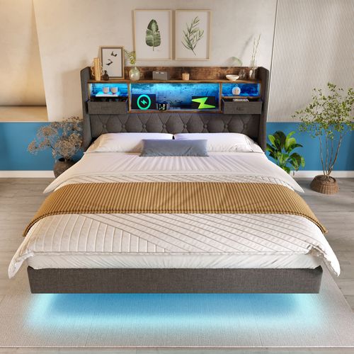 Lit 140x190 Cm Avec LED, USB Et Tête De Lit Avec Rangement, Gris