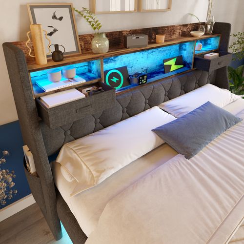 Lit 140x190 Cm Avec LED, USB Et Tête De Lit Avec Rangement, Gris
