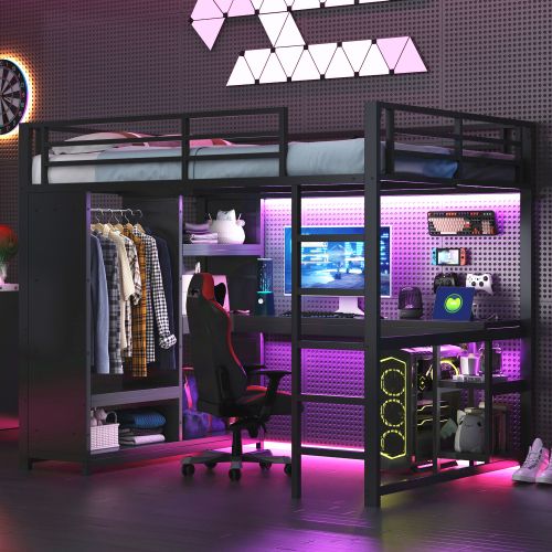 Lit 140x200cm-lit Mezzanine LED-en Métal-bureau, Penderie Ouverte-noir