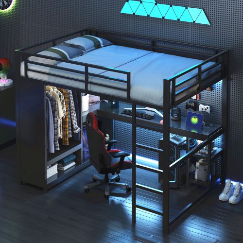 Lit 140x200cm-lit Mezzanine LED-en Métal-bureau, Penderie Ouverte-noir