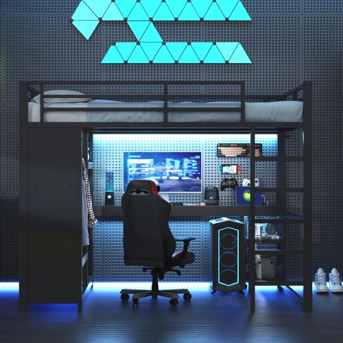 Lit 140x200cm-lit Mezzanine LED-en Métal-bureau, Penderie Ouverte-noir