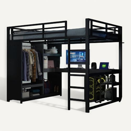 Lit 140x200cm-lit Mezzanine LED-en Métal-bureau, Penderie Ouverte-noir