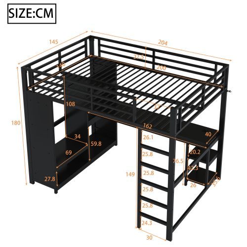 Lit 140x200cm-lit Mezzanine LED-en Métal-bureau, Penderie Ouverte-noir