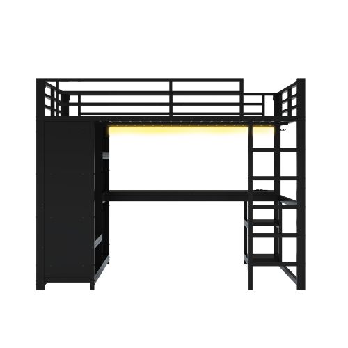 Lit 140x200cm-lit Mezzanine LED-en Métal-bureau, Penderie Ouverte-noir