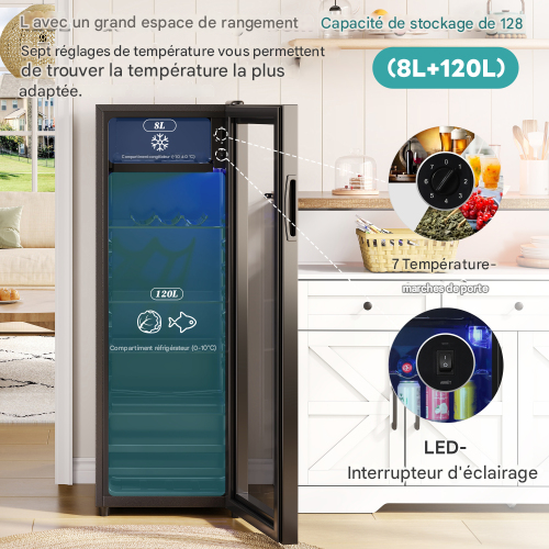 Réfrigérateur 128l Silencieux-mini Bar 2 Zones-94 Canettes(330ml)-classe E-noir