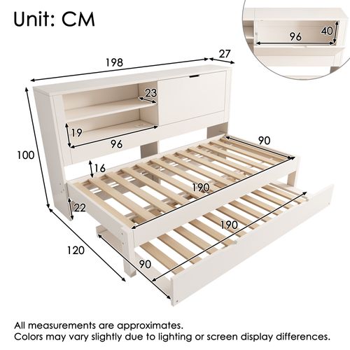 Lit Gigogne 90x190 Cm Avec USB, 1 Porte Et 2 Niches Blanc
