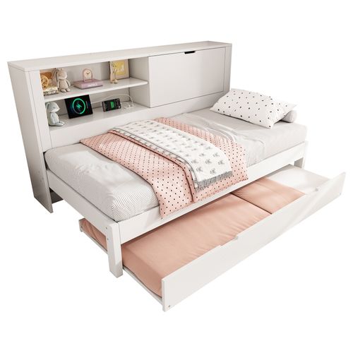 Lit Gigogne 90x190 Cm Avec USB, 1 Porte Et 2 Niches Blanc