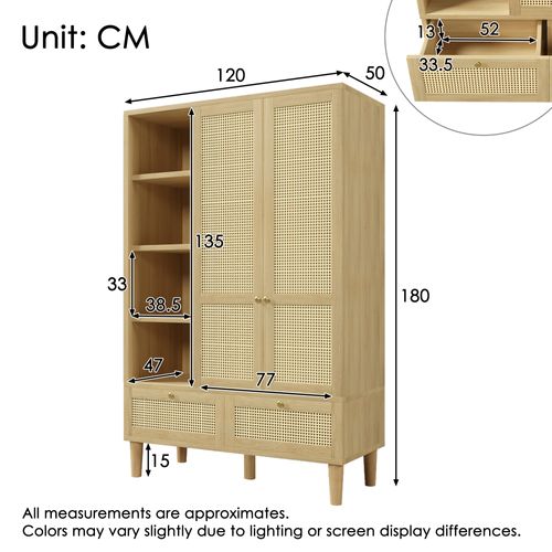 Armoire Avec 2 Portes, 2 Tiroirs Et 4 Niches En Rotin Imitation Chêne
