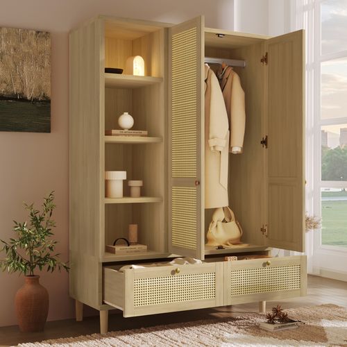 Armoire Avec 2 Portes, 2 Tiroirs Et 4 Niches En Rotin Imitation Chêne