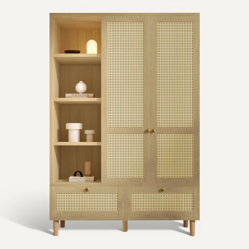 Armoire Avec 2 Portes, 2 Tiroirs Et 4 Niches En Rotin Imitation Chêne