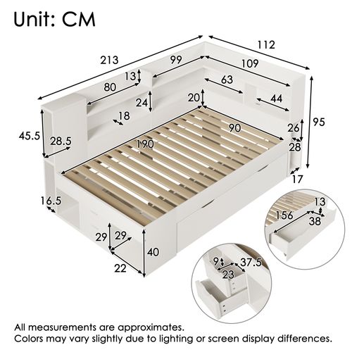 Lit 90x190 Cm Avec LED, USB, 3 Tiroirs Et Plusieurs Niches Blanc