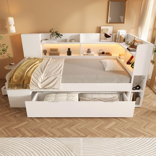 Lit 90x190 Cm Avec LED, USB, 3 Tiroirs Et Plusieurs Niches Blanc